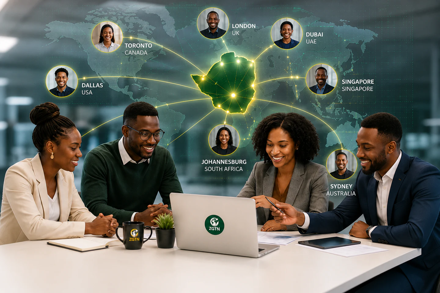 Zimbabwean professionals collaborating while visual connections link Zimbabwe to a wider global network.
