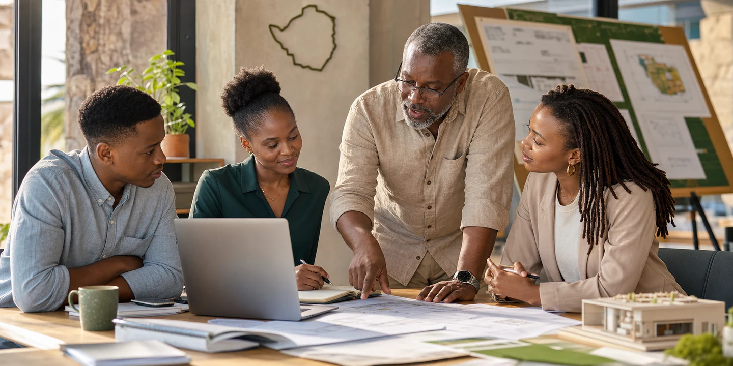 Four Zimbabwean professionals collaborating around a laptop and project plans in a bright modern workspace.